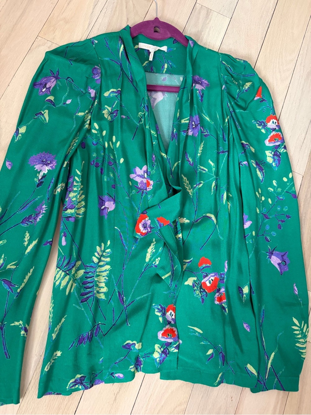 Maje Green Floral Tie-Neck Blouse